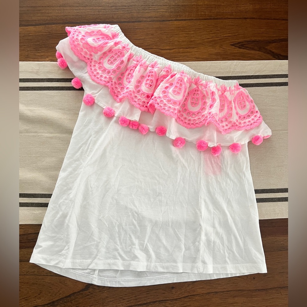 Brand NEW Lilly Pulitzer Idara Top XS One Shoulder  White Pink Eyelet Lace Pom